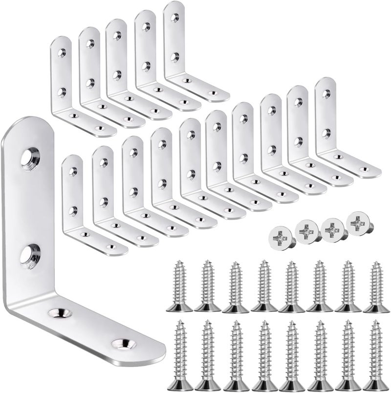 YIVCKOM 18-Pack L Shape Corner Brackets, Stainless Steel Metal Angle Braces for Wood Furniture, Heavy Duty Black 2 inch Shelf Bracket with Long Screws for Household Project (L Shape Silver) - Image 1